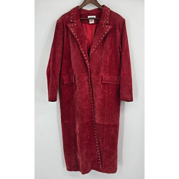 Vintage Bagatelle Studded Suede Trench Coat – Deep Red Leather – Fits L/XL or 1X - Picture 1 of 8